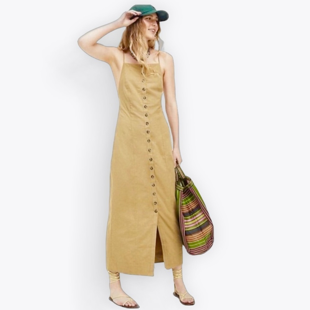 Free People button front midi dress linen cotton blend backless straps taupe XS‌ - Picture 4 of 10